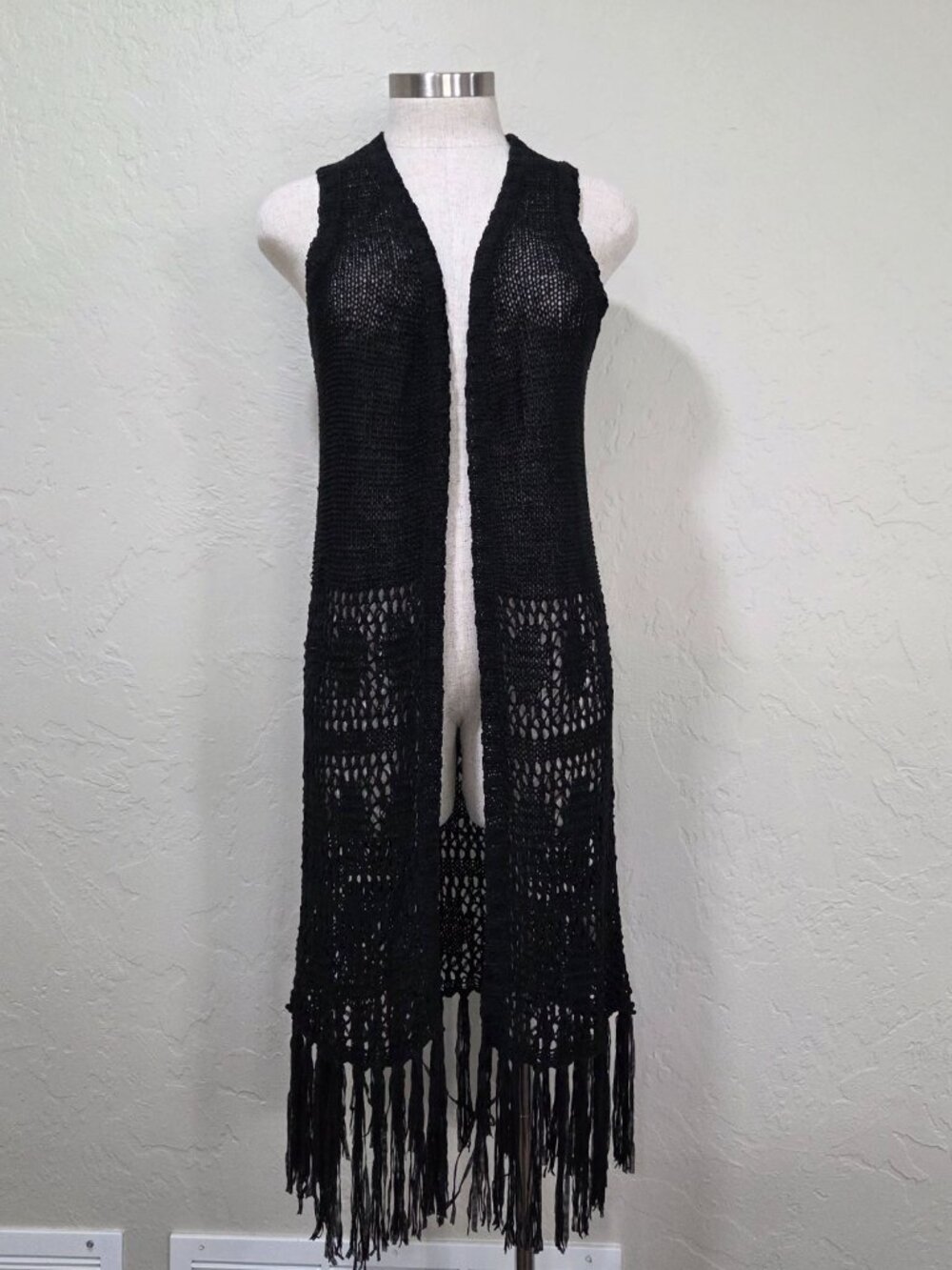 Women's Black Open Knit Crochet Fringe Duster